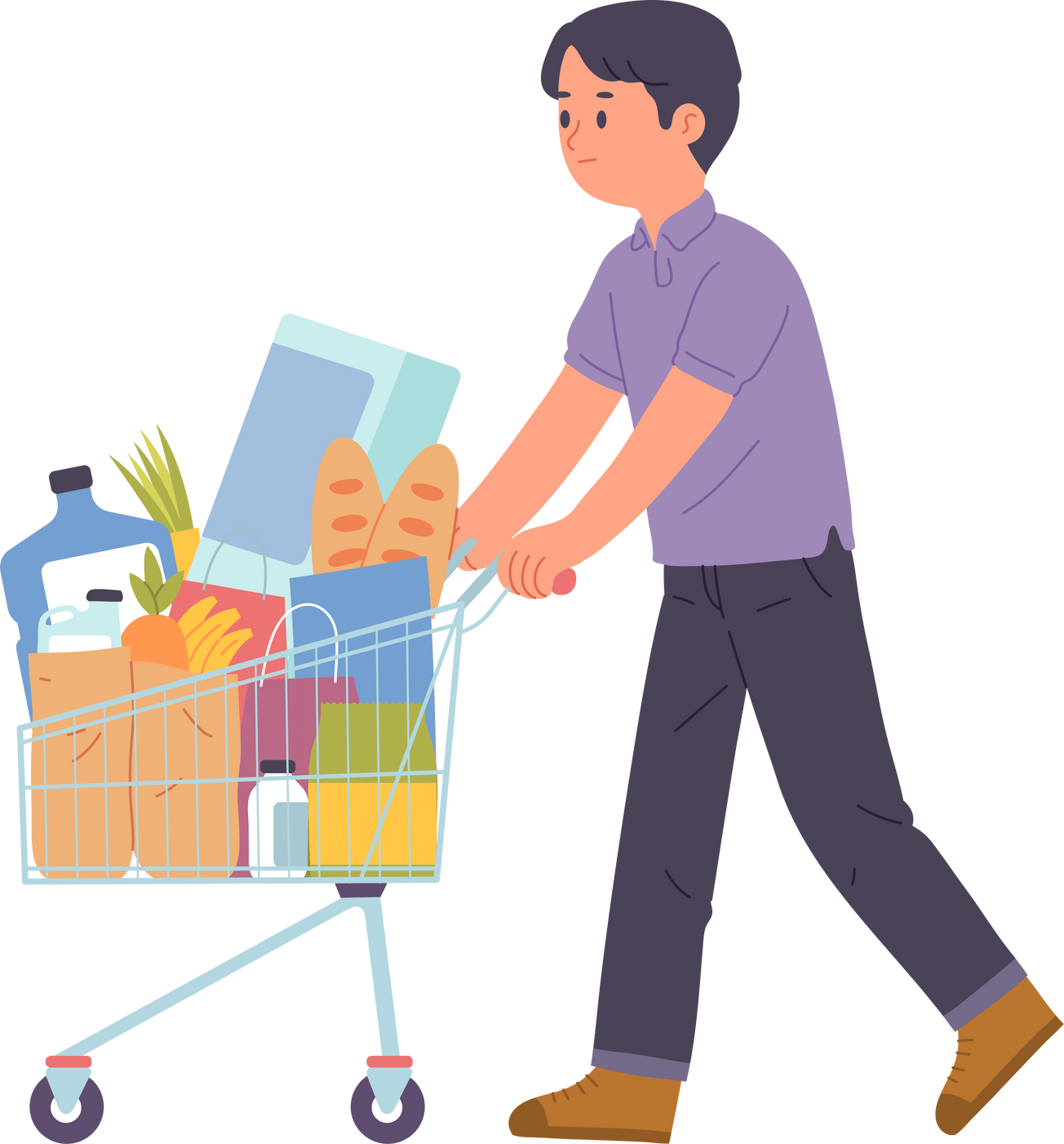 Man Push Shopping Cart fill with Grocery